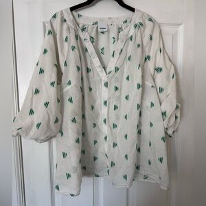 Sonoma White Blouse with Green Geometric Dots